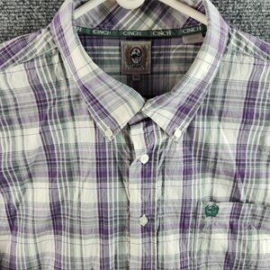 Cinch Adult Men XL Purple Green Plaid Long Sleeve Button Up Shirt 100% Cotton